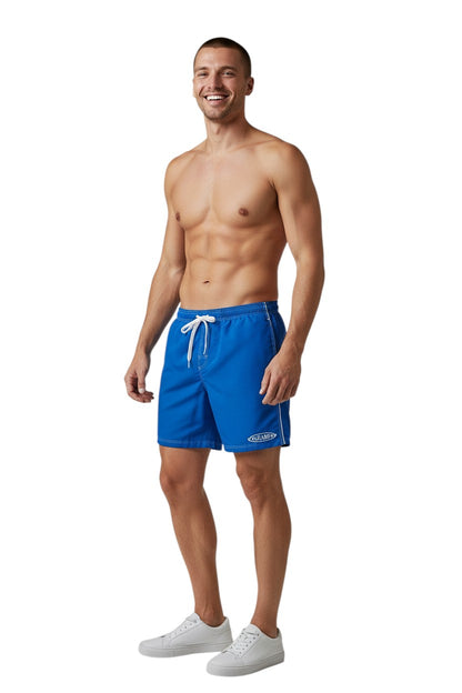 The Lifeguard Store blue polyester-spandex boardshorts with white drawstring, contrast stitching, and GUARD logo.