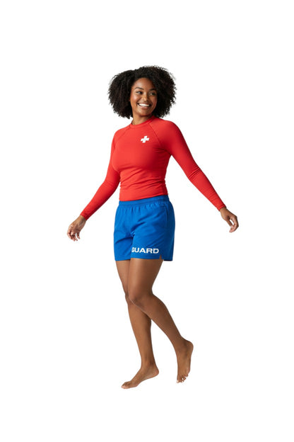 The Lifeguard Store blue 4-way stretch unisex lifeguard deck shorts with "GUARD" printed on the left leg.
