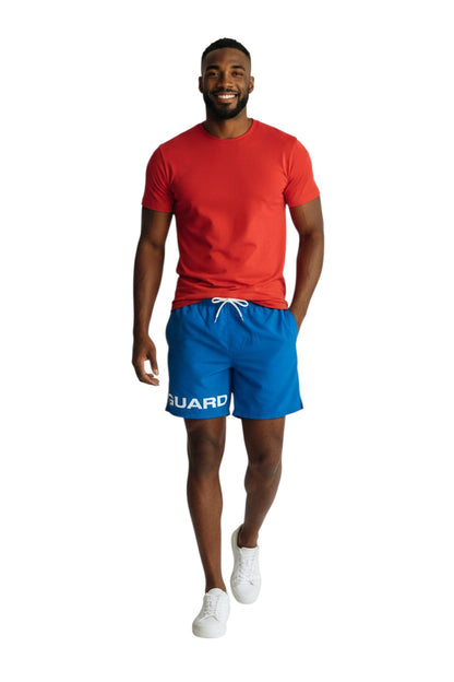 The Lifeguard Store blue 4-way stretch polyester lifeguard deck shorts with "GUARD" printed on the leg.