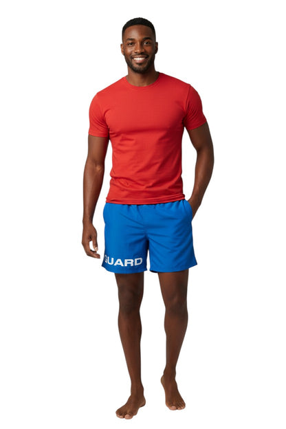 The Lifeguard Store blue 4-way stretch polyester lifeguard deck shorts with "GUARD" printed on the left leg.