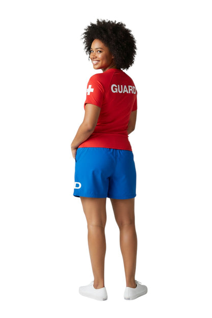 The Lifeguard Store blue 4-way stretch polyester lifeguard deck shorts with white GUARD text.