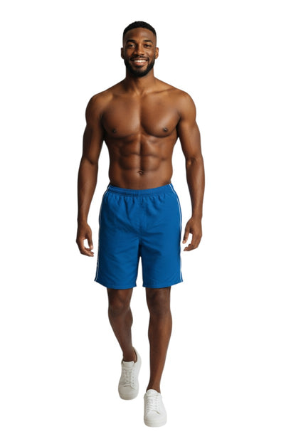 The Lifeguard Store blue polyester-spandex boardshorts with white piping and GUARD logo. Elastic waistband, drawstring, and side pocket.
