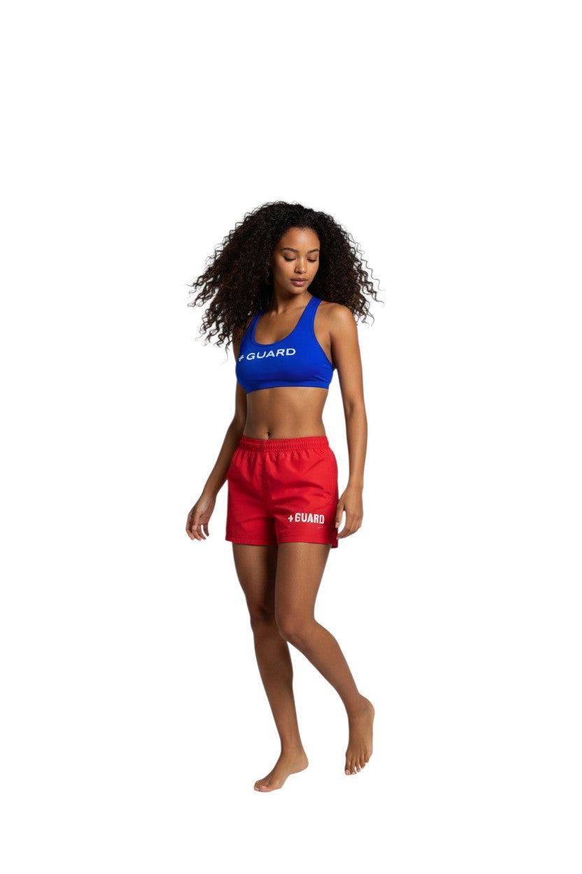The Lifeguard Store blue poly-stretch racerback top with white GUARD text and cross graphic. UPF50+.