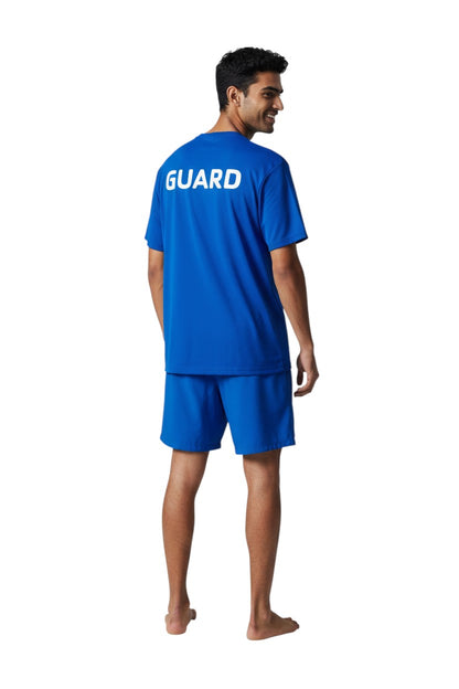The Lifeguard Store blue short sleeve rashguard with "GUARD" printed in white on the back. Made of polyester and spandex.