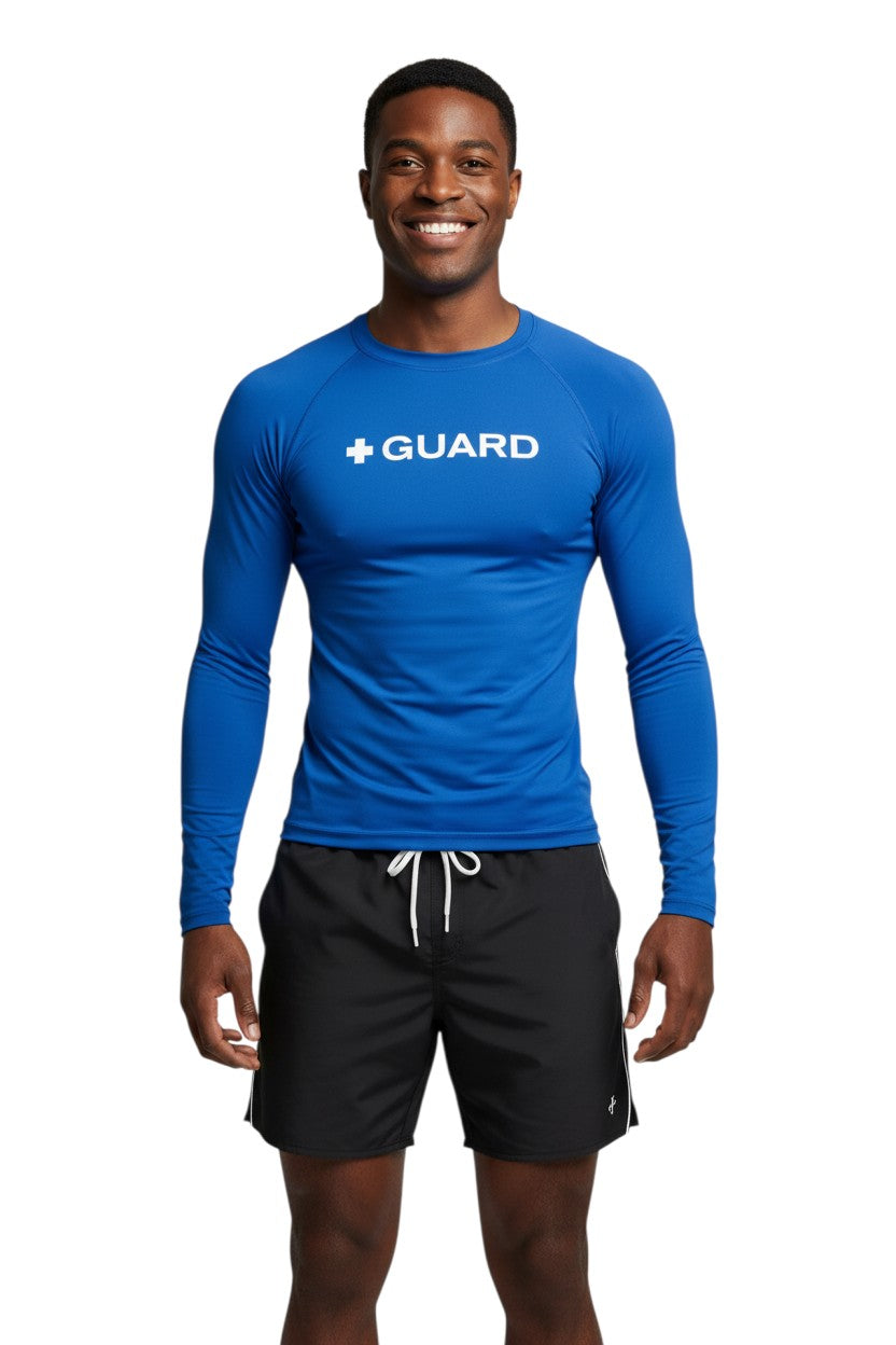 The Lifeguard Store blue long sleeve crewneck rashguard with white + GUARD text on chest. Polyester-spandex blend.