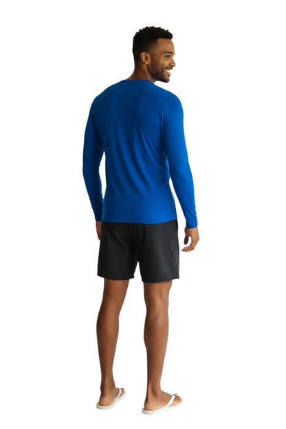 The Lifeguard Store blue long sleeve crewneck rashguard with white + GUARD text on chest. UPF50+ protection.