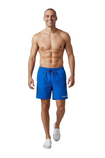 The Lifeguard Store blue polyester 5" Guard shorts with liner, drawstring waist, and UPF30+ protection.