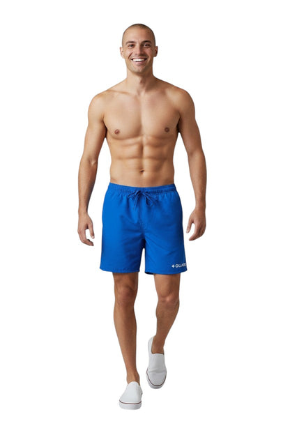 The Lifeguard Store blue polyester 5" Guard shorts with liner, drawstring waist, and UPF30+ protection.