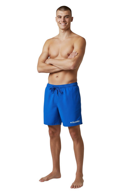The Lifeguard Store blue polyester 5" swim shorts with liner and drawstring waist. Features UPF30+ protection.