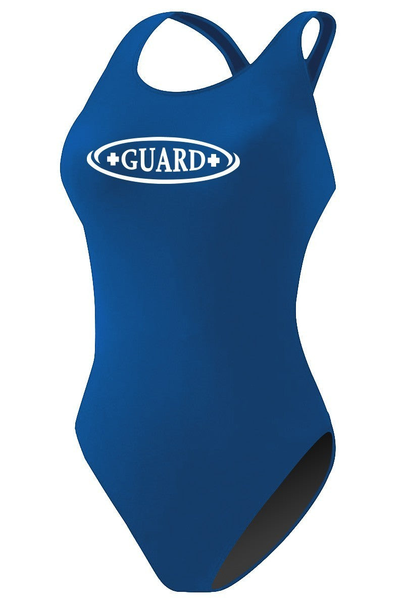 The Lifeguard Store blue polyester-spandex one-piece swimsuit with built-in shelf bra and GUARD+ logo.