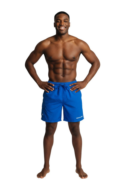 The Lifeguard Store blue polyester instructor board shorts with drawstring, cargo pocket, and UPF30+ protection.