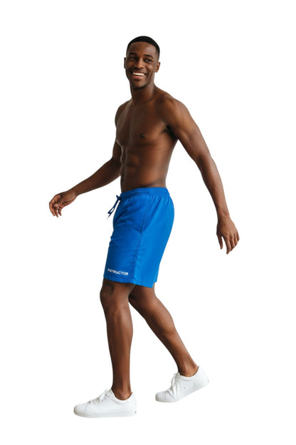 The Lifeguard Store blue polyester instructor board shorts with drawstring, cargo pocket, and UPF30+ protection.