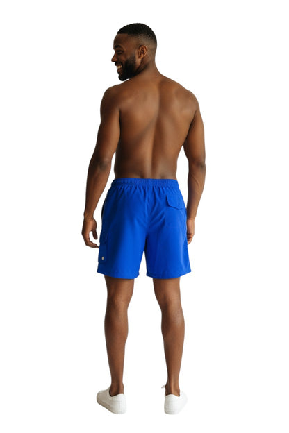 The Lifeguard Store blue polyester instructor board shorts with drawstring, cargo pocket, and UPF30+ protection.