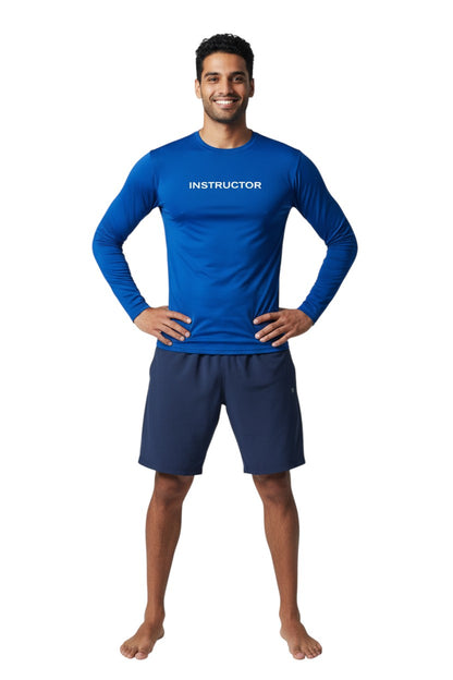 The Lifeguard Store blue long sleeve rashguard with "INSTRUCTOR" printed on the chest. Made of poly stretch fabric.