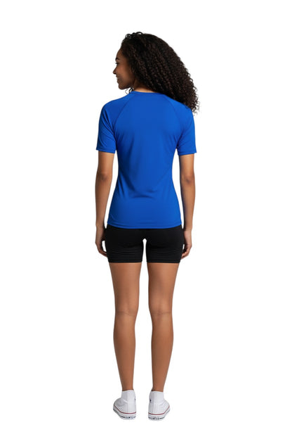 The Lifeguard Store blue poly-stretch short sleeve rashguard with "INSTRUCTOR" graphic. UPF50+ protection.