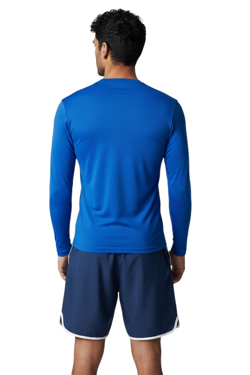 The Lifeguard Store blue long sleeve rashguard with "INSTRUCTOR" printed on back. Poly stretch fabric.