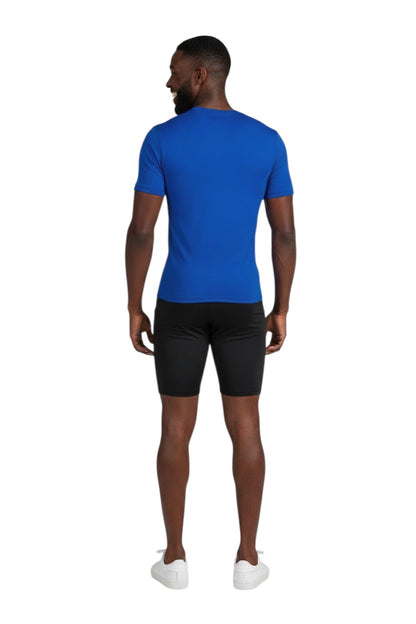 The Lifeguard Store blue short sleeve rashguard with "INSTRUCTOR" printed on the back, made of poly-spandex fabric for UPF 50+ protection.