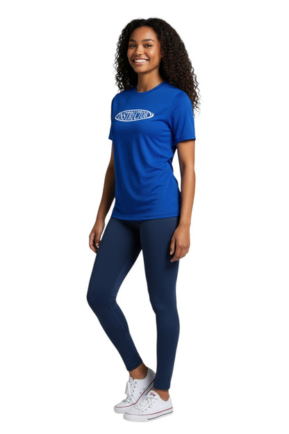 The Lifeguard Store blue short sleeve rashguard with white oval 'INSTRUCTOR' graphic. Poly stretch fabric.