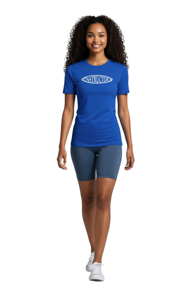 The Lifeguard Store blue short sleeve rashguard with "INSTRUCTOR" graphic on chest. Made of poly-spandex fabric.