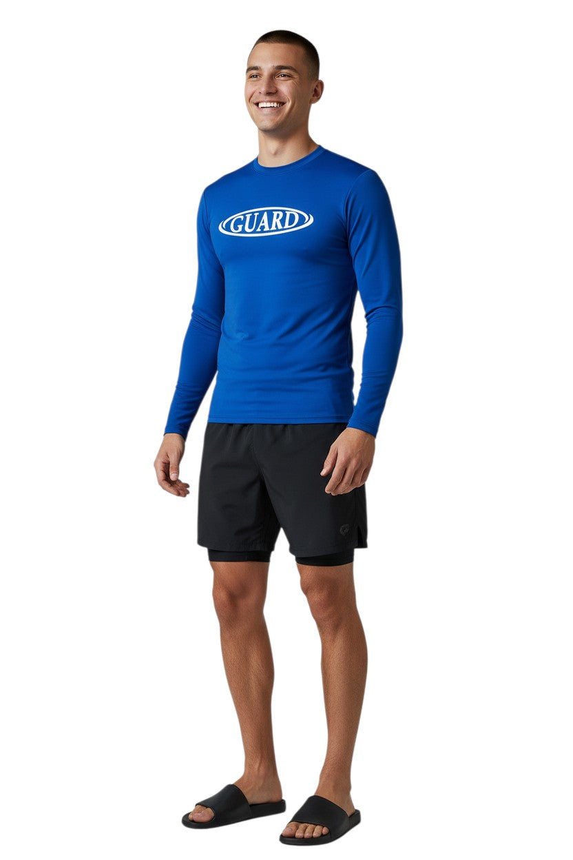 The Lifeguard Store blue long sleeve crew neck rashguard with white GUARD logo on chest. UPF50+ protection.