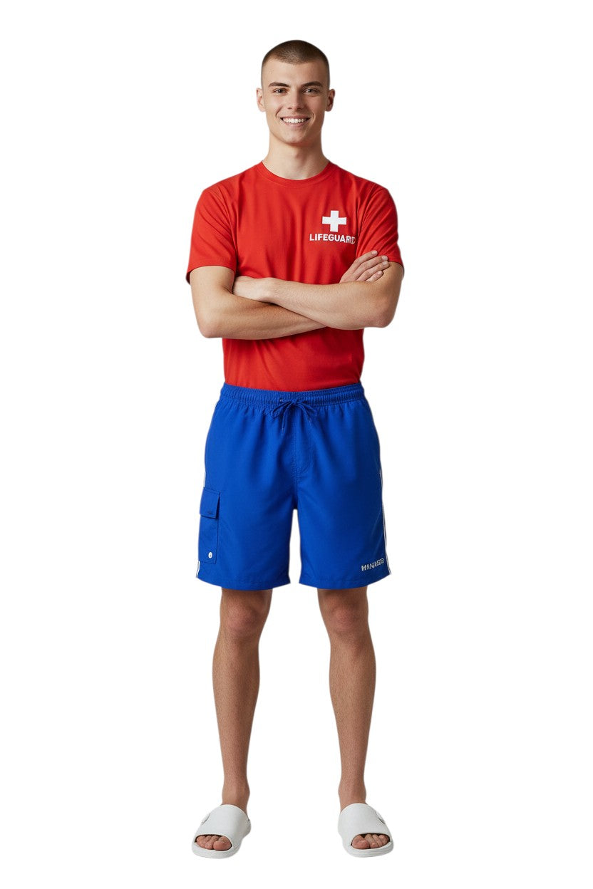 The Lifeguard Store blue polyester Manager board shorts with elastic waistband, drawstring, and cargo pocket.