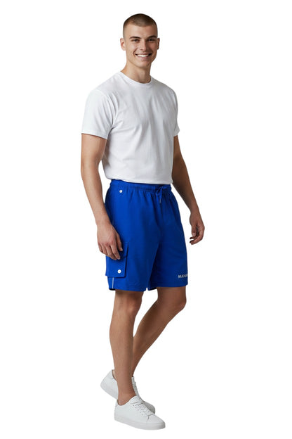 The Lifeguard Store blue polyester Manager board shorts with elastic waistband, drawstring, and cargo pocket.