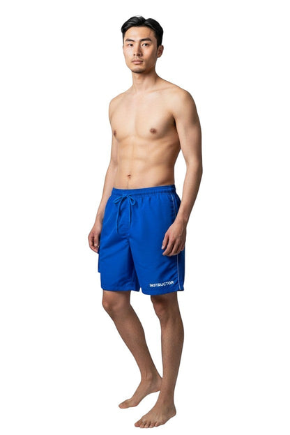 The Lifeguard Store Men's blue polyester board shorts with liner, elastic waistband, drawstring, and 7" inseam.