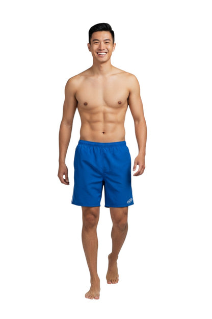 The Lifeguard Store blue nylon Guard Trunk shorts with white piping and Guard logo on left leg.