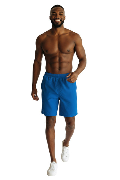 The Lifeguard Store blue nylon trunk with white side piping and elastic waistband.