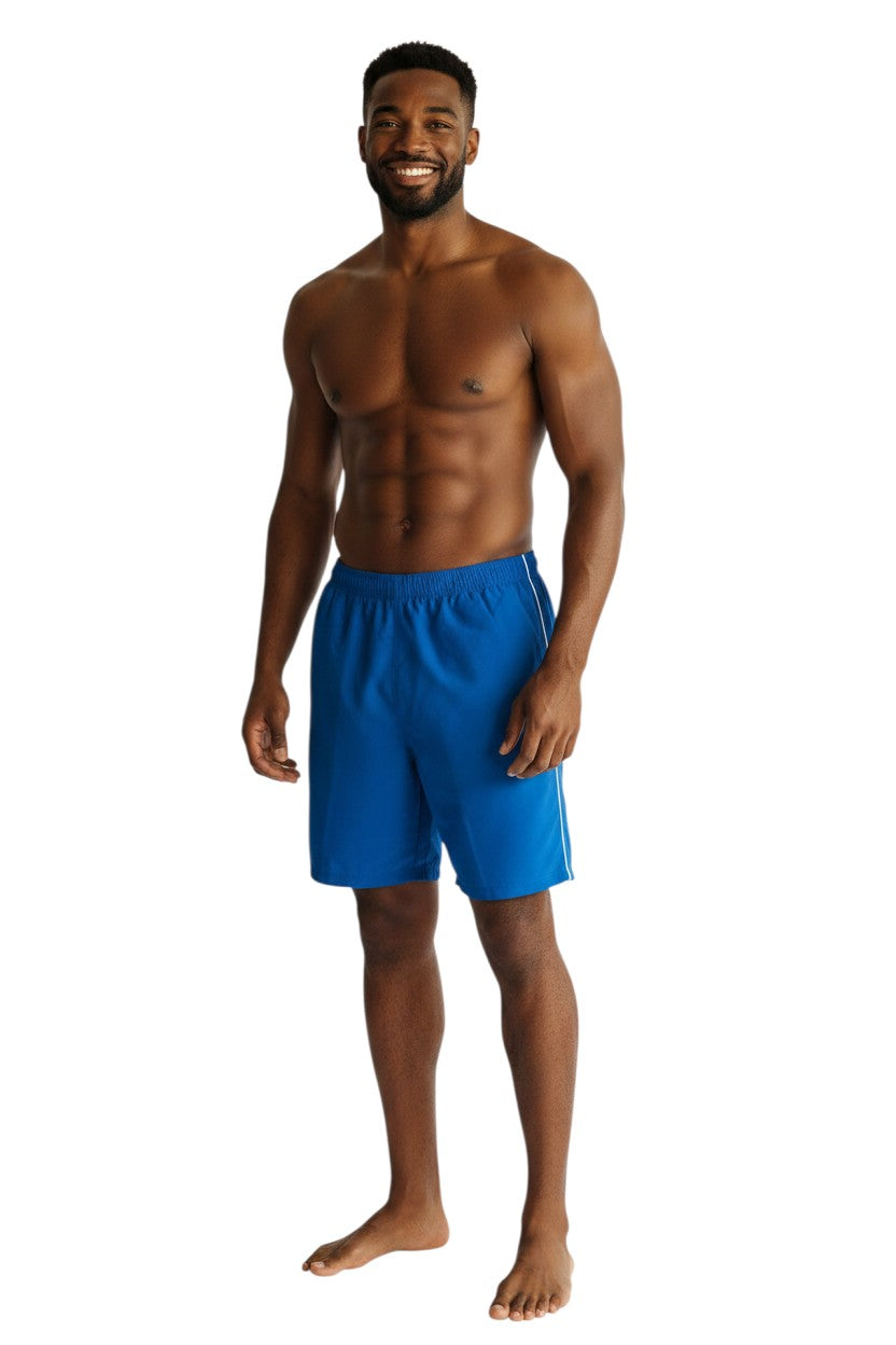 The Lifeguard Store blue nylon trunk with white piping and elastic waistband.