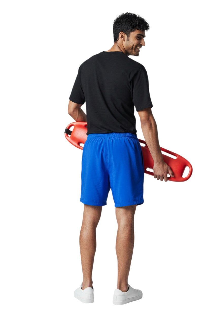 The Lifeguard Store blue polyester board shorts with elastic waistband and drawstring, 7" inseam, UPF 50+.