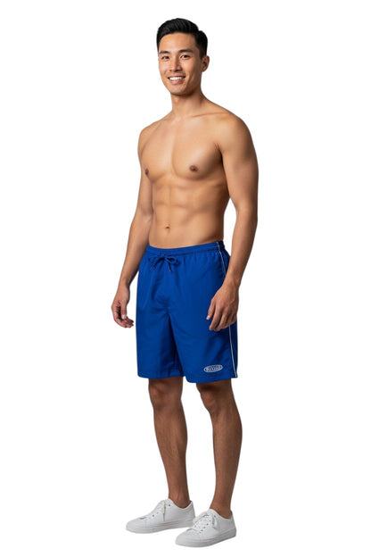 The Lifeguard Store blue polyester board shorts with white piping and drawstring waist. Features 7" inseam.