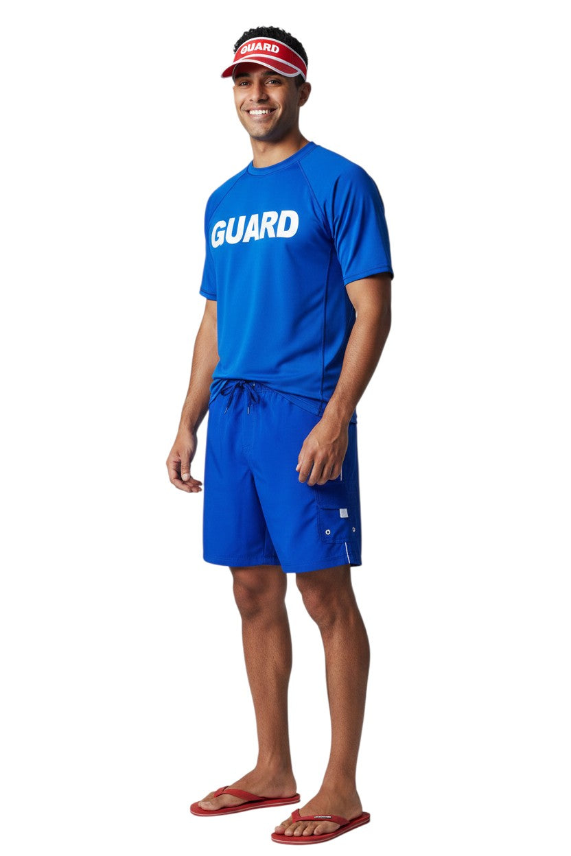 The Lifeguard Store blue polyester board shorts with white trim, elastic waistband, drawstring, and velcro pocket.
