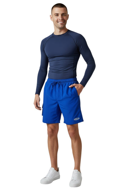 The Lifeguard Store blue polyester board shorts with elastic waistband, drawstring, and velcro pocket. UPF 50+.
