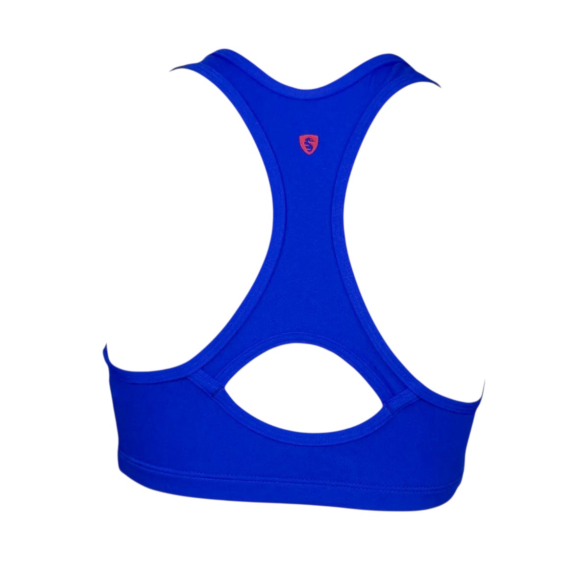 The Lifeguard Store blue polyester-spandex racer back top with red logo detail. Designed for comfort and performance.