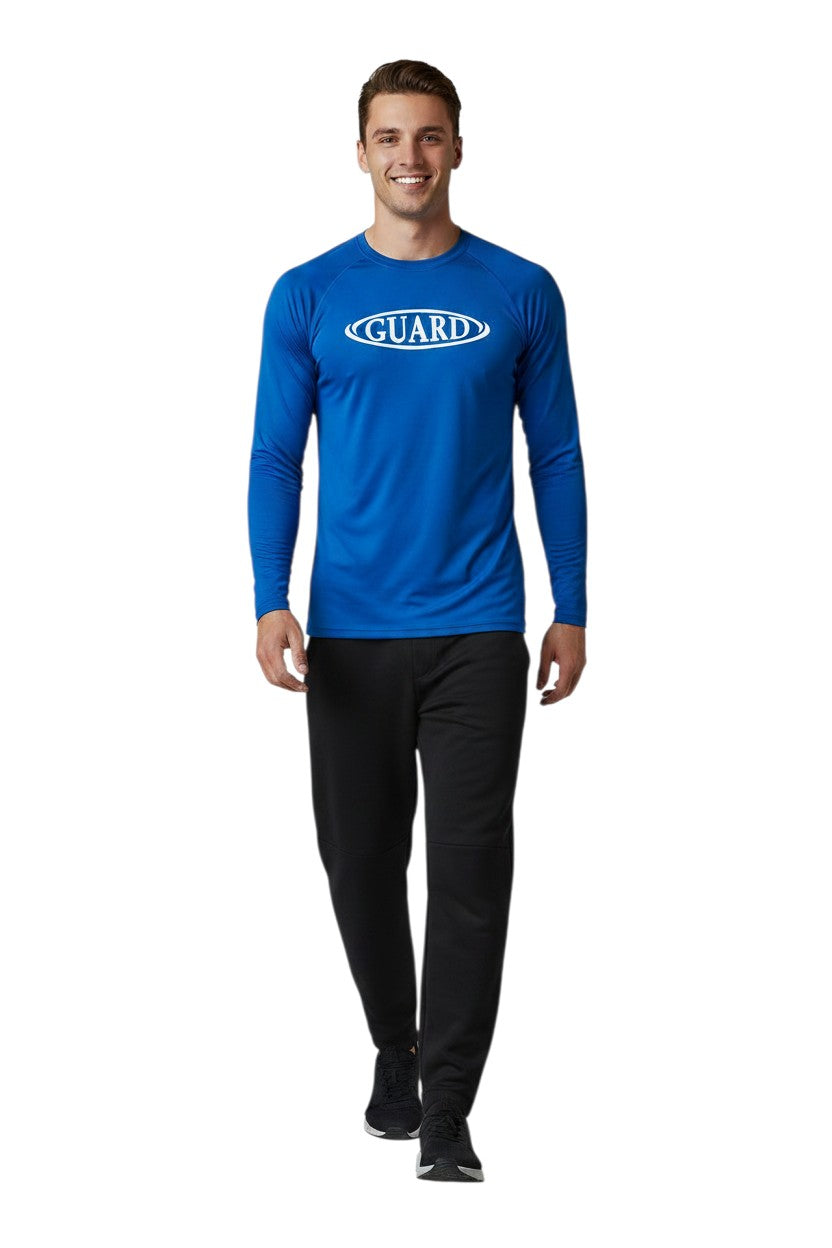 The Lifeguard Store blue long sleeve crew neck rashguard with white GUARD logo on chest, made of poly-spandex blend.