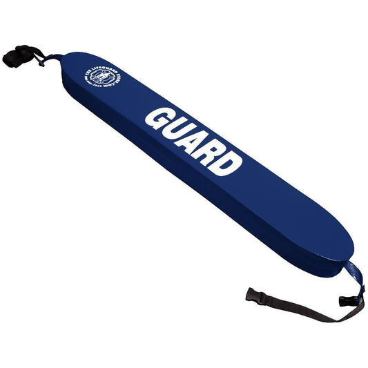 The Lifeguard Store blue vinyl rescue tube with white GUARD lettering and attached towline.
