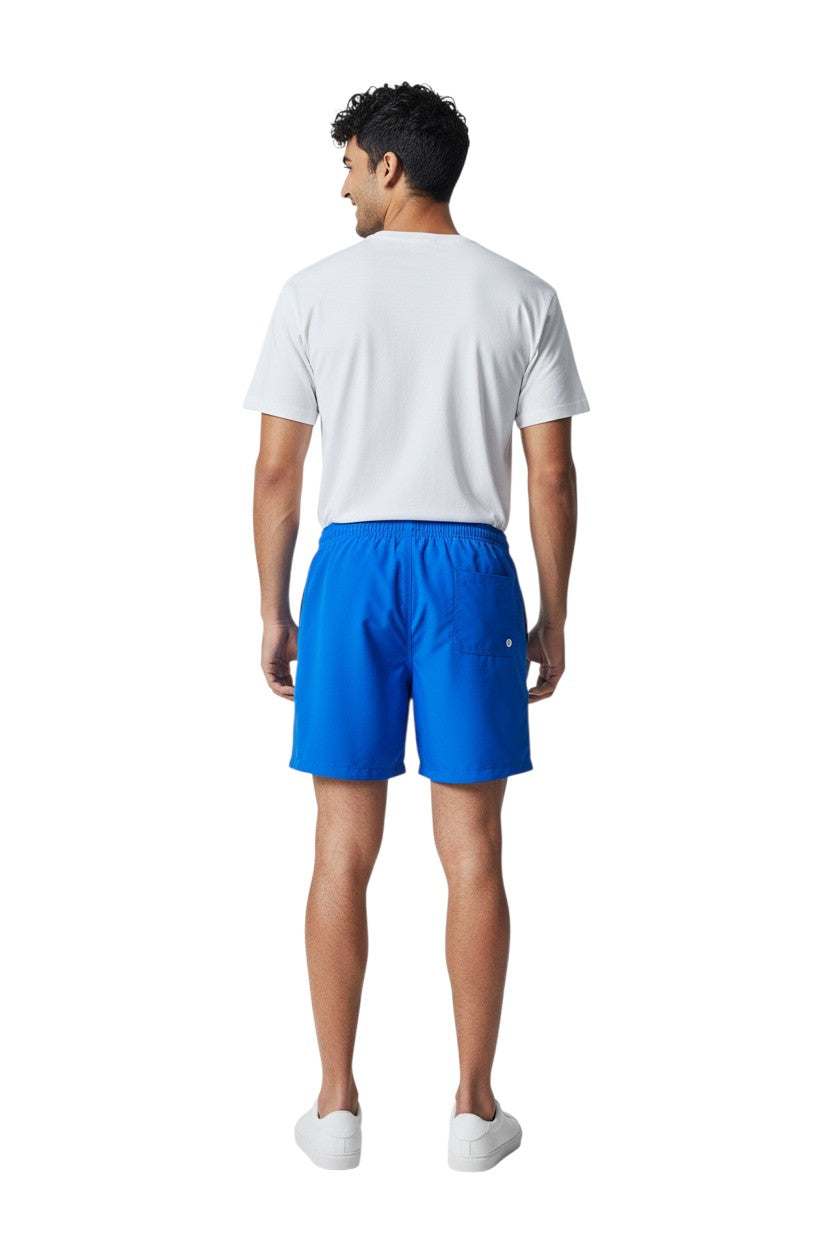 The Lifeguard Store blue polyester board shorts with liner, elastic waistband, drawstring, and cargo pocket. Features UPF30+ protection.