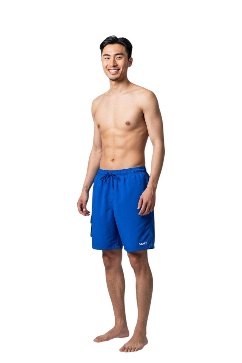 The Lifeguard Store blue polyester staff board shorts with drawstring, cargo pocket, and UPF30+ protection.