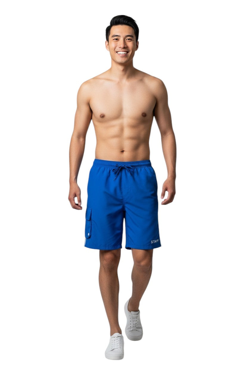 The Lifeguard Store blue polyester Kiefer Staff board shorts with drawstring, cargo pocket, and UPF30+ protection.