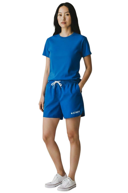 The Lifeguard Store blue polyester staff shorts with 5-inch inseam and white drawstring. Features quick-dry fabric and UPF30+ protection.
