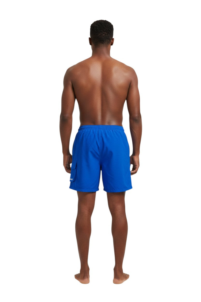 The Lifeguard Store blue polyester board shorts with liner, elastic waistband, drawstring, and cargo pocket. Features "SUPERVISOR" text.