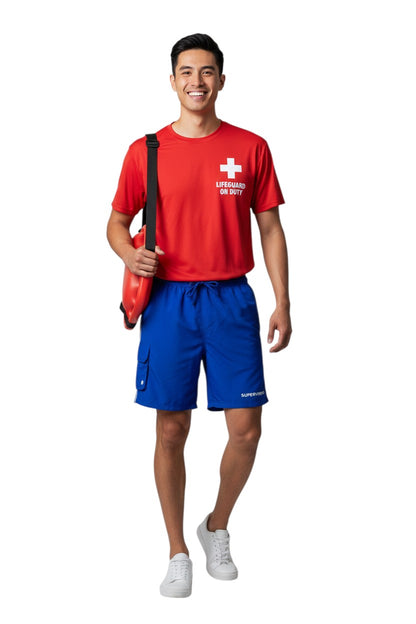 The Lifeguard Store blue polyester supervisor board shorts with elastic waistband, drawstring, and cargo pocket.