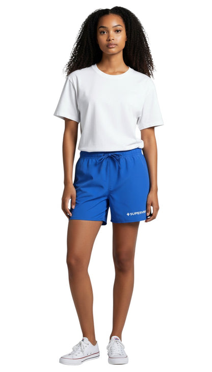 The Lifeguard Store blue polyester 5" inseam Supervisor shorts with drawstring and front pockets.