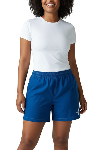 The Lifeguard Store blue polyester-spandex board shorts with elastic waistband, drawstring, and side pocket featuring YMCA logo.