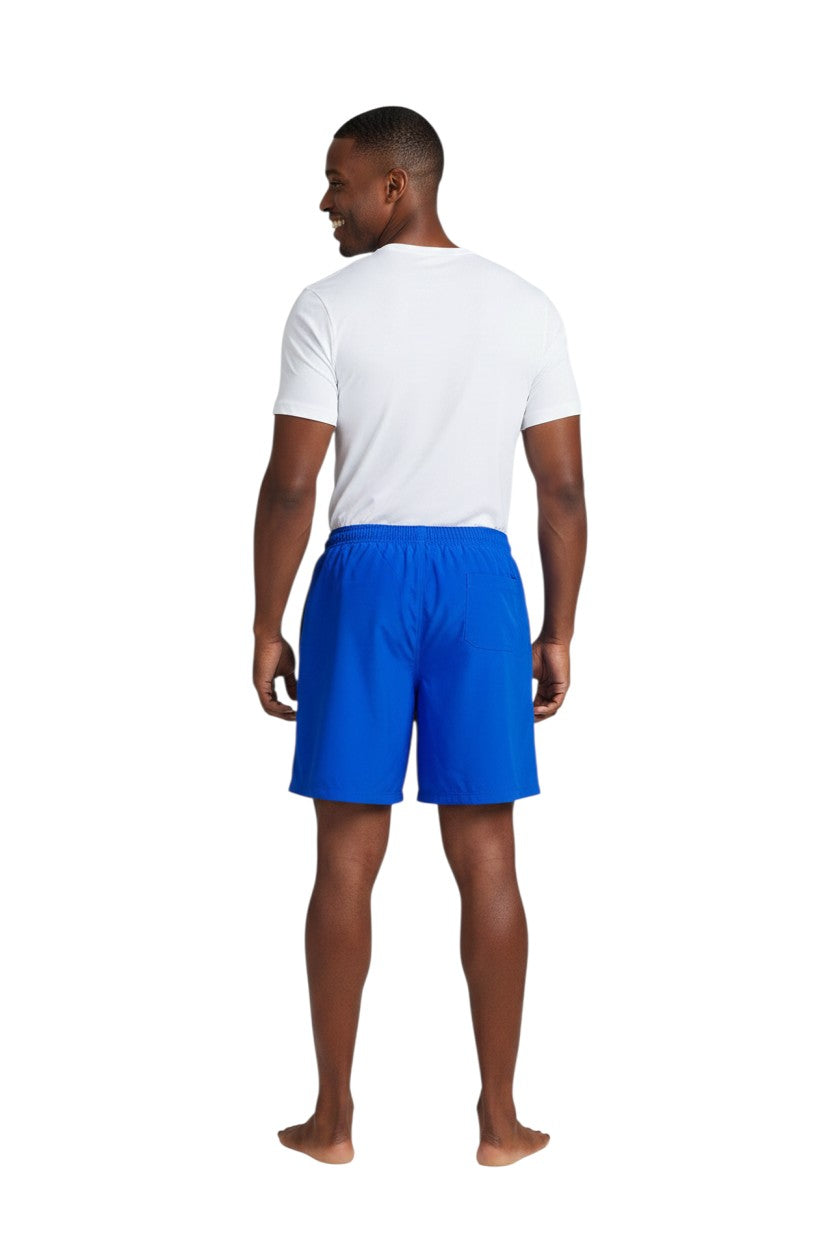 The Lifeguard Store blue YMCA board shorts with elastic waistband and drawstring, 7" inseam, made of sanded polyester.