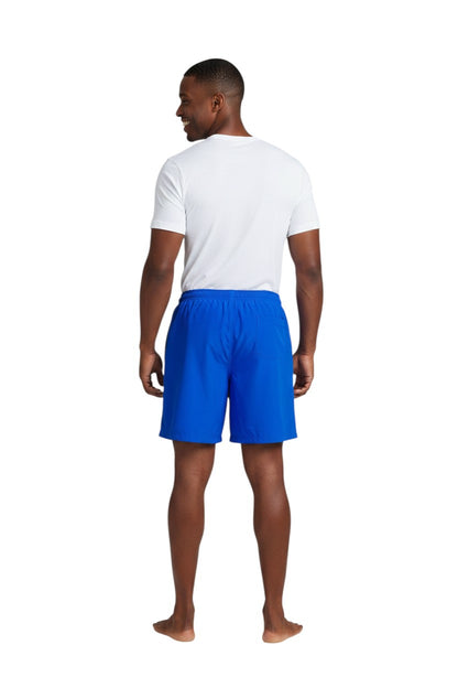 The Lifeguard Store blue YMCA board shorts with elastic waistband and drawstring, 7" inseam, made of sanded polyester.