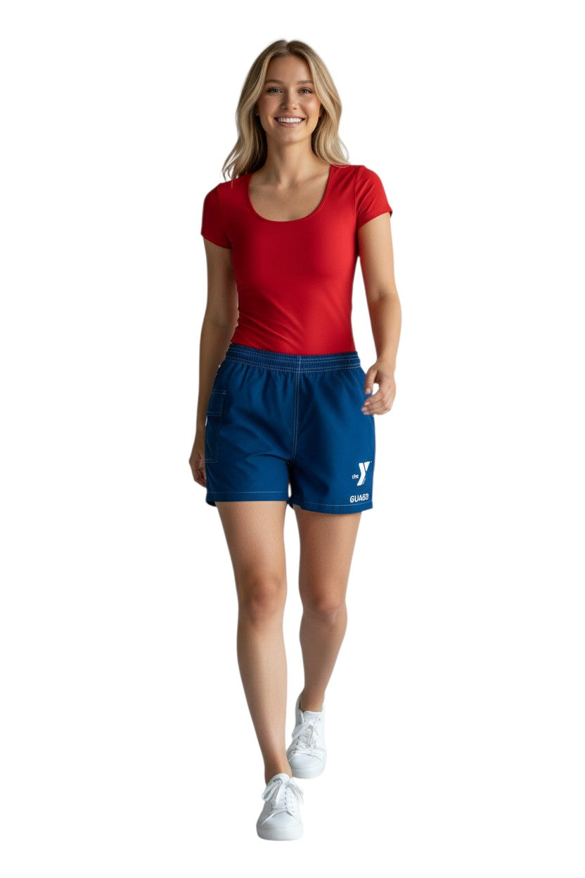 The Lifeguard Store blue polyester/spandex board shorts with elastic waistband, drawstring, and side pocket. Features YMCA Guard logo.