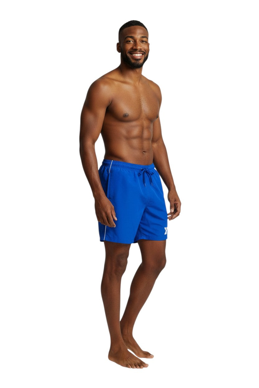 The Lifeguard Store blue polyester YMCA Kiefer board shorts with white trim and drawstring.