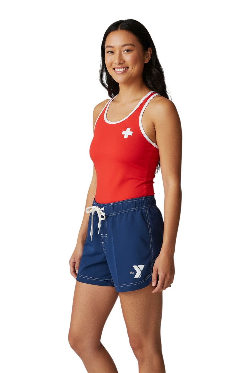 The Lifeguard Store blue 5" inseam polyester swim shorts with white drawstring and YMCA logo